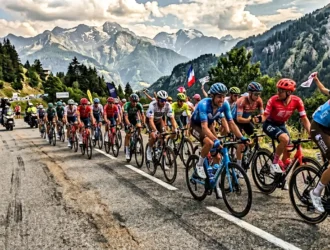 Peloton de cyclistes en compétition dans les Alpes