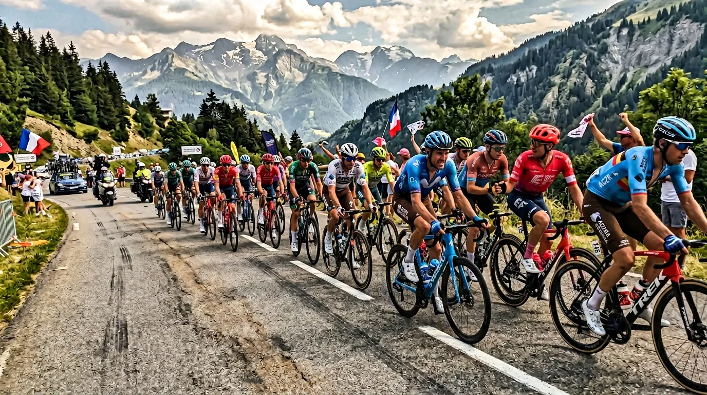 Peloton de cyclistes en compétition dans les Alpes