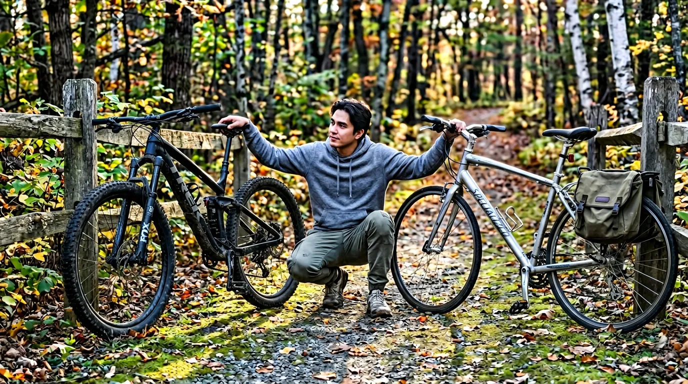 Homme tenant deux vélos sur sentier forestier automnal