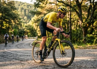 Coureur cycliste professionnel en tenue jaune pédalant sur route