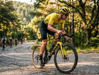 Coureur cycliste professionnel en tenue jaune pédalant sur route