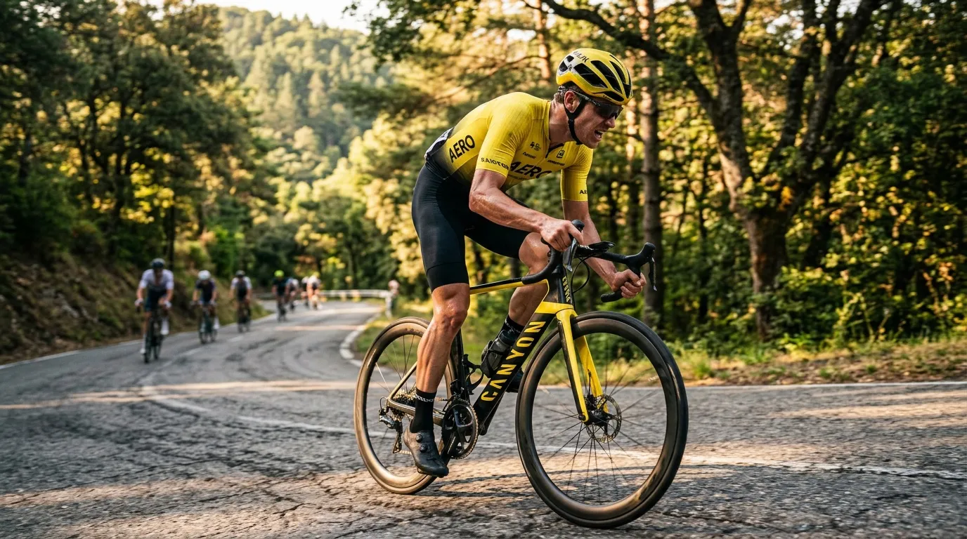 Coureur cycliste professionnel en tenue jaune pédalant sur route