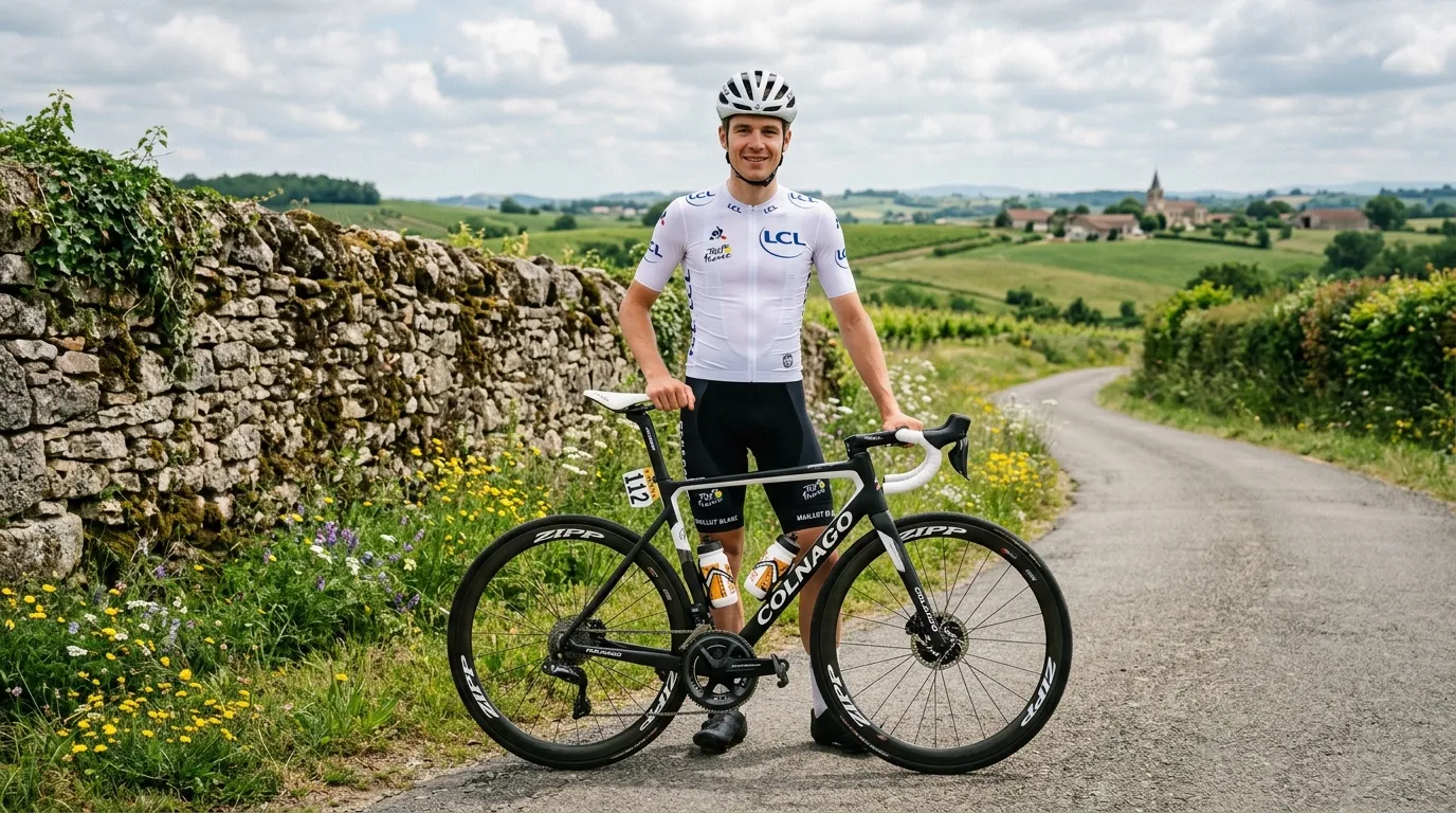 Cycliste professionnel posant avec vélo sur route rurale
