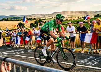 Cycliste professionnel en vert pédalant devant foule française