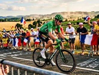 Cycliste professionnel en vert pédalant devant foule française