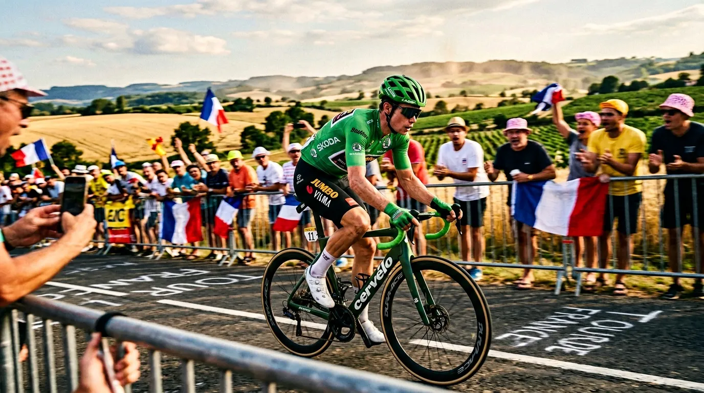 Cycliste professionnel en vert pédalant devant foule française