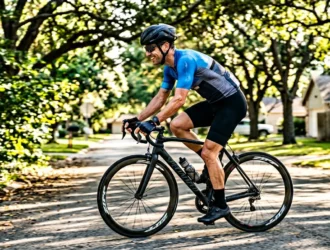 Homme à vélo de route bleu noir sur avenue ombragée