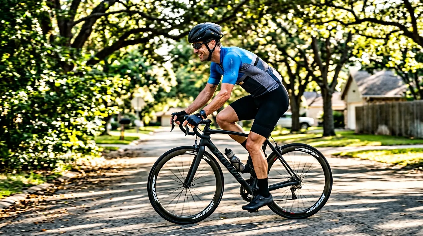 Homme à vélo de route bleu noir sur avenue ombragée