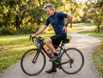 Homme âgé à vélo sur chemin en parc arborisé
