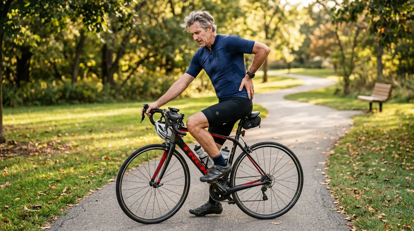 Homme âgé à vélo sur chemin en parc arborisé