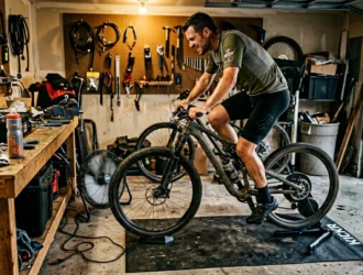 Homme à vélo sur home-trainer dans un garage bien équipé