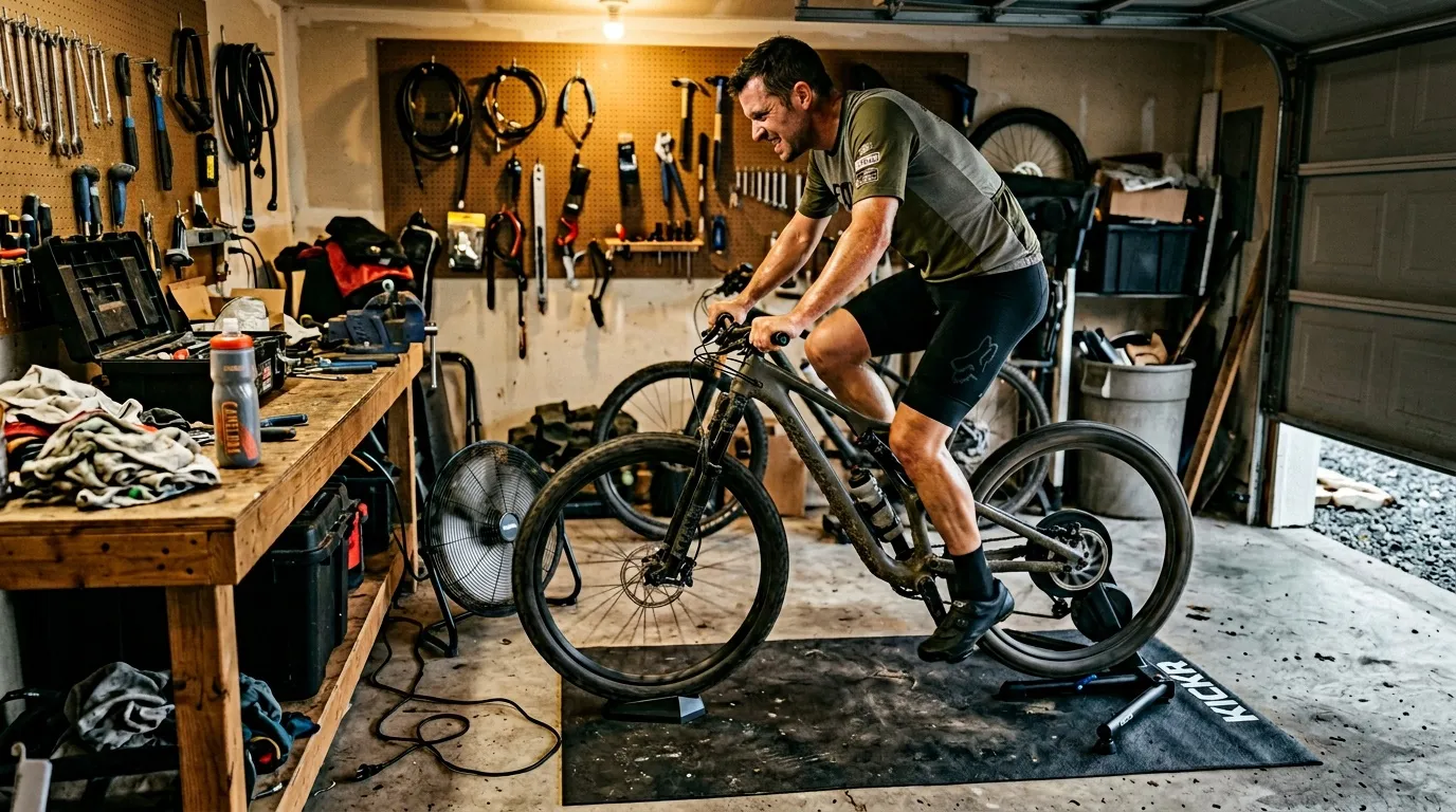 Homme à vélo sur home-trainer dans un garage bien équipé