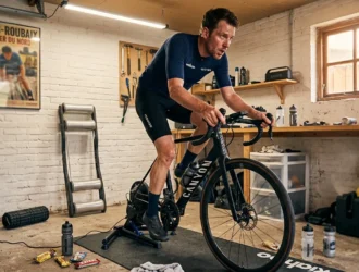 Cycliste sur home trainer dans un atelier de vélo