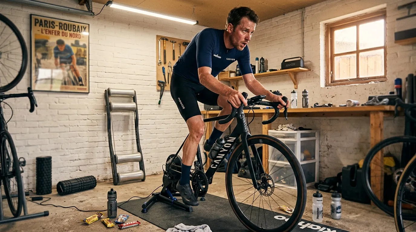 Cycliste sur home trainer dans un atelier de vélo