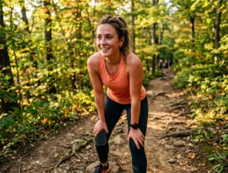 Femme souriante court sur sentier forestier verdoyant