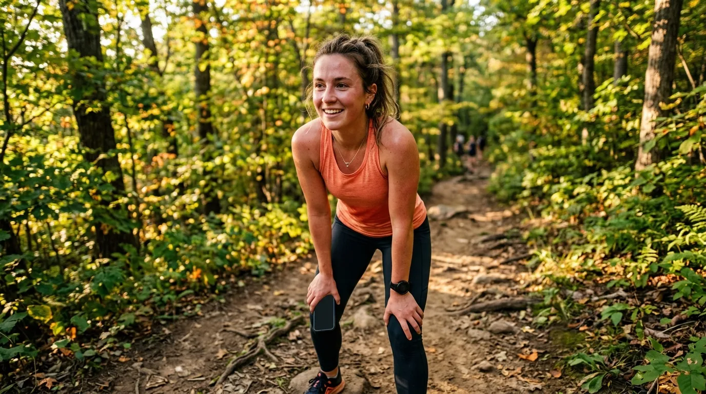 Femme souriante court sur sentier forestier verdoyant