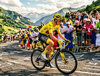 Cycliste en maillot jaune sur route de montagne alpine