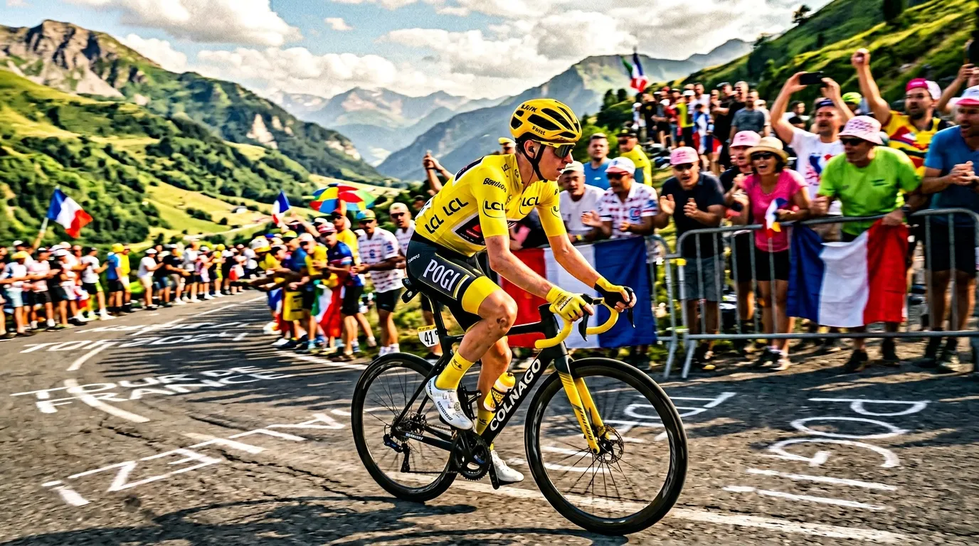 Cycliste en maillot jaune sur route de montagne alpine