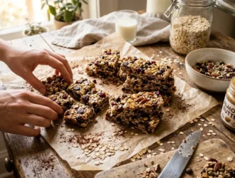 Mains préparant des barres granola aux fruits secs et amandes