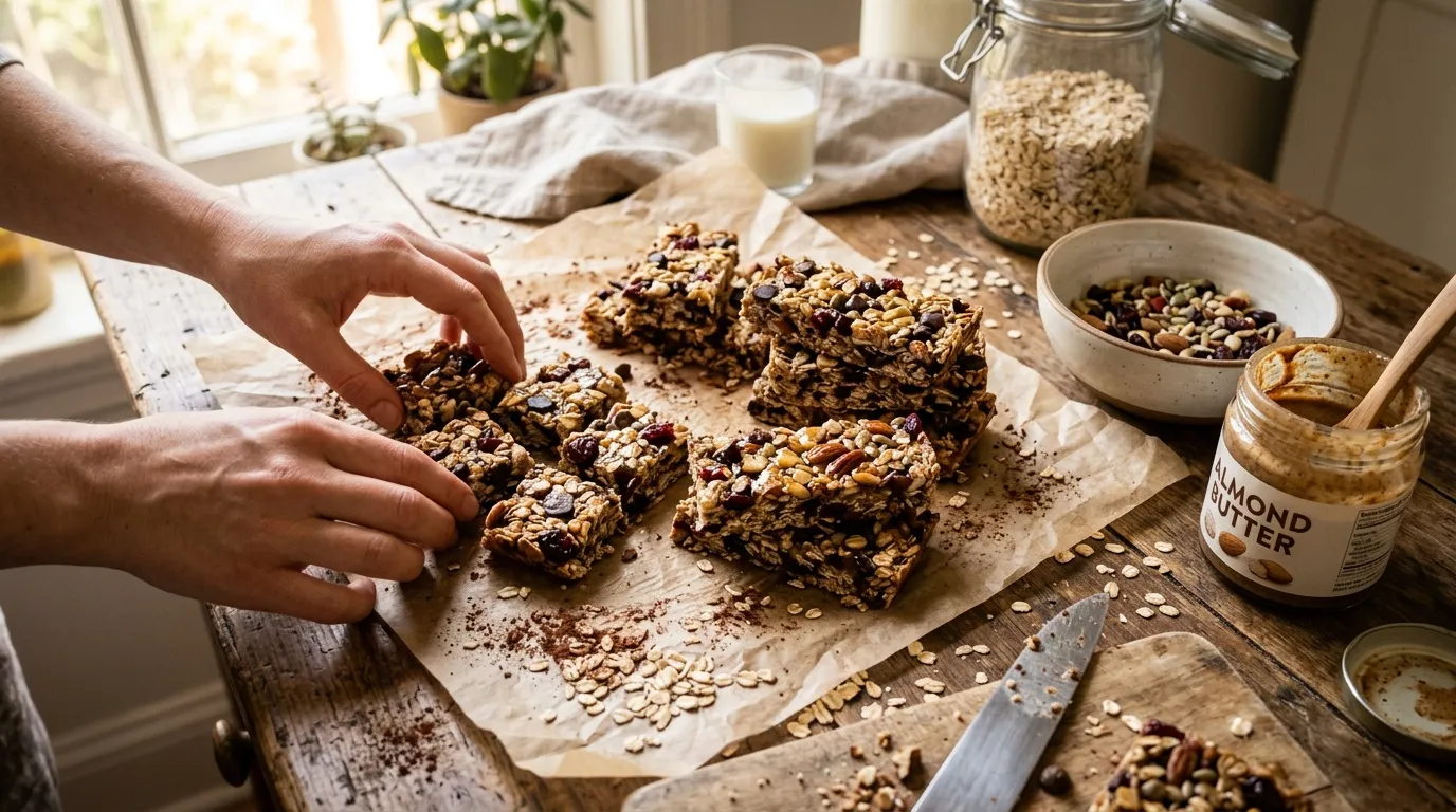Mains préparant des barres granola aux fruits secs et amandes