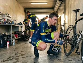 Cyclistes professionnels se préparent dans un garage avec leurs vélos