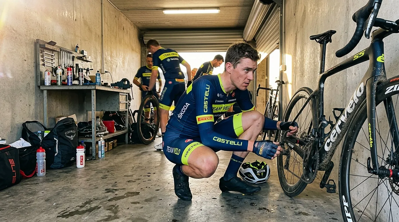 Cyclistes professionnels se préparent dans un garage avec leurs vélos